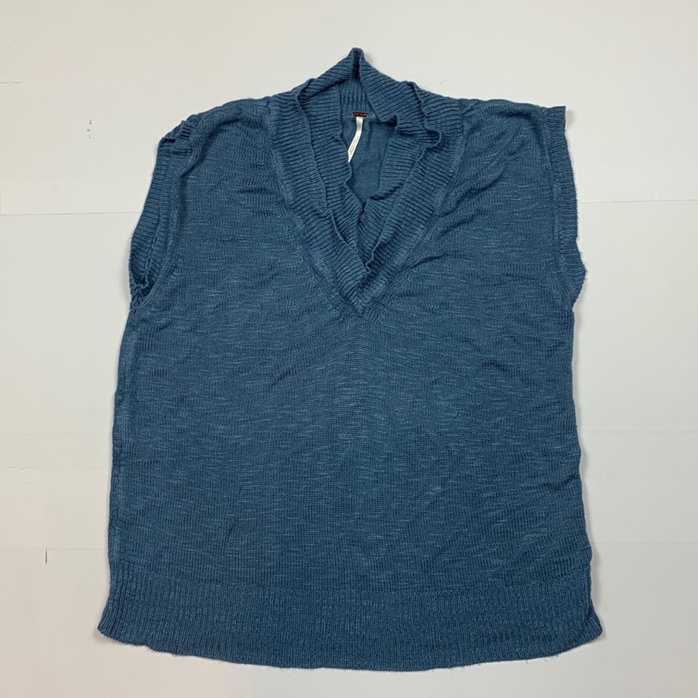 Free People Blue Knit Top Size XS Shirt Sleeves V Neck